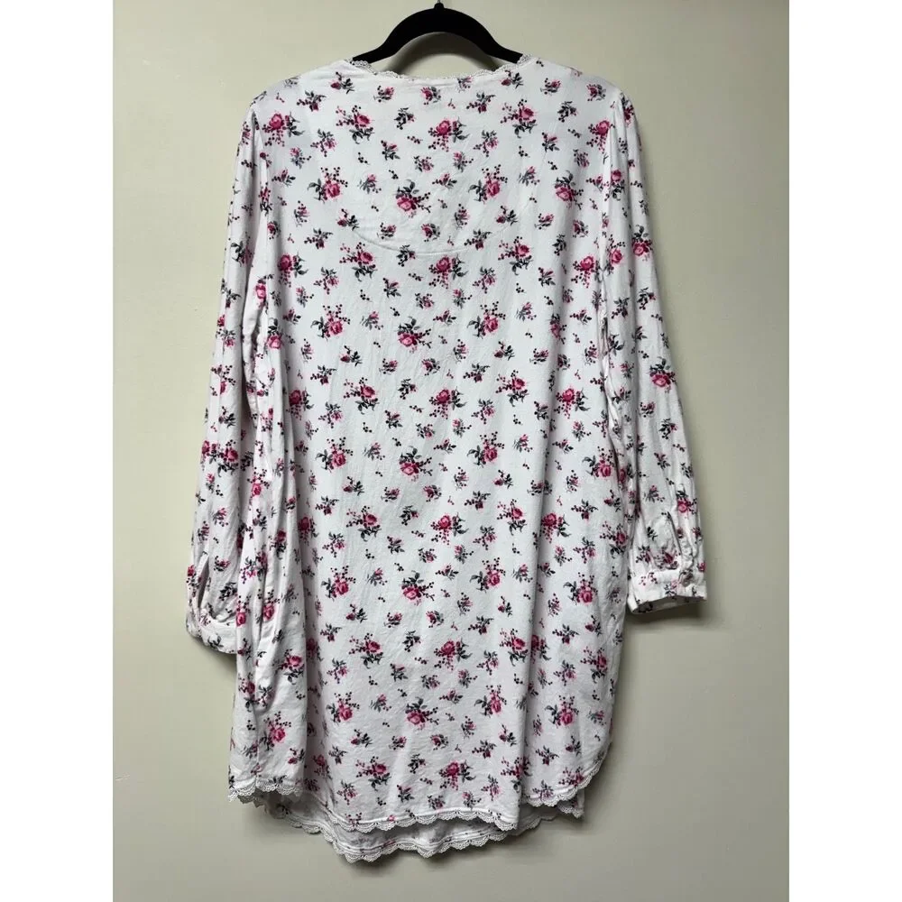 EILEEN WEST Cotton/Rayon Flannel Pintuck Lace Trim Long Sleeve Nightgown, Sz M